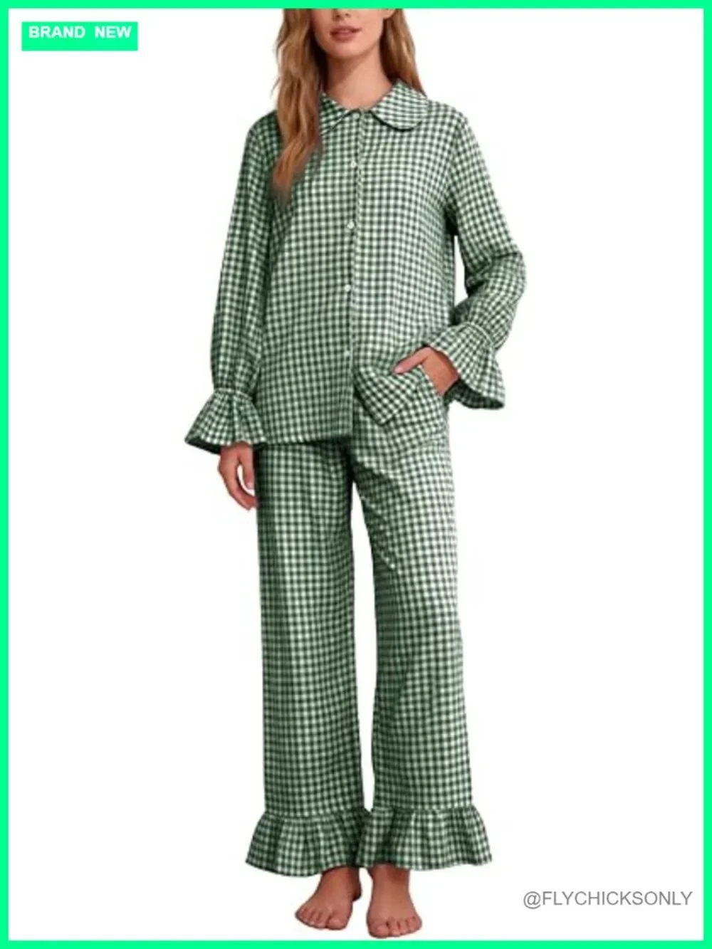 Cotton Plaid Pajama Set Ruffle Sleeve Babydoll Shirt Matching Pants Lounge Set